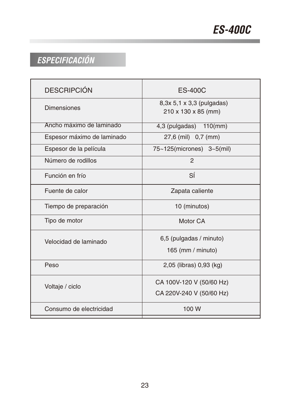 Es-400c, Especificación | Royal Sovereign ES-400C User Manual | Page 23 / 32