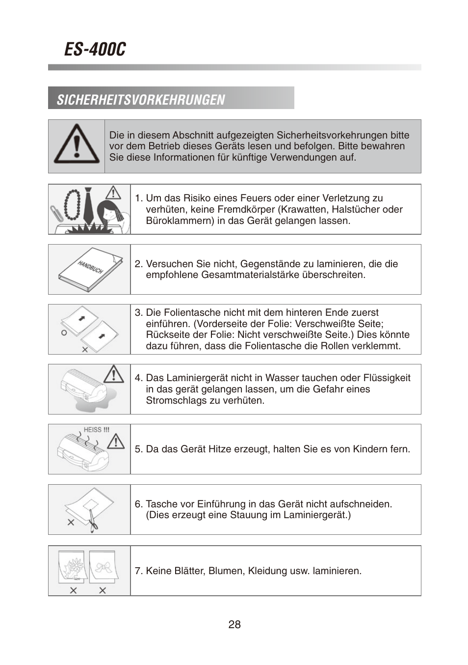 Es-400c, Sicherheitsvorkehrungen | Royal Sovereign ES-400C User Manual | Page 28 / 32