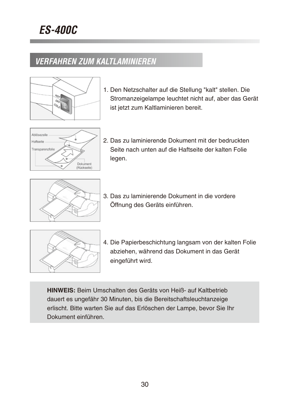 Es-400c, Verfahren zum kaltlaminieren | Royal Sovereign ES-400C User Manual | Page 30 / 32