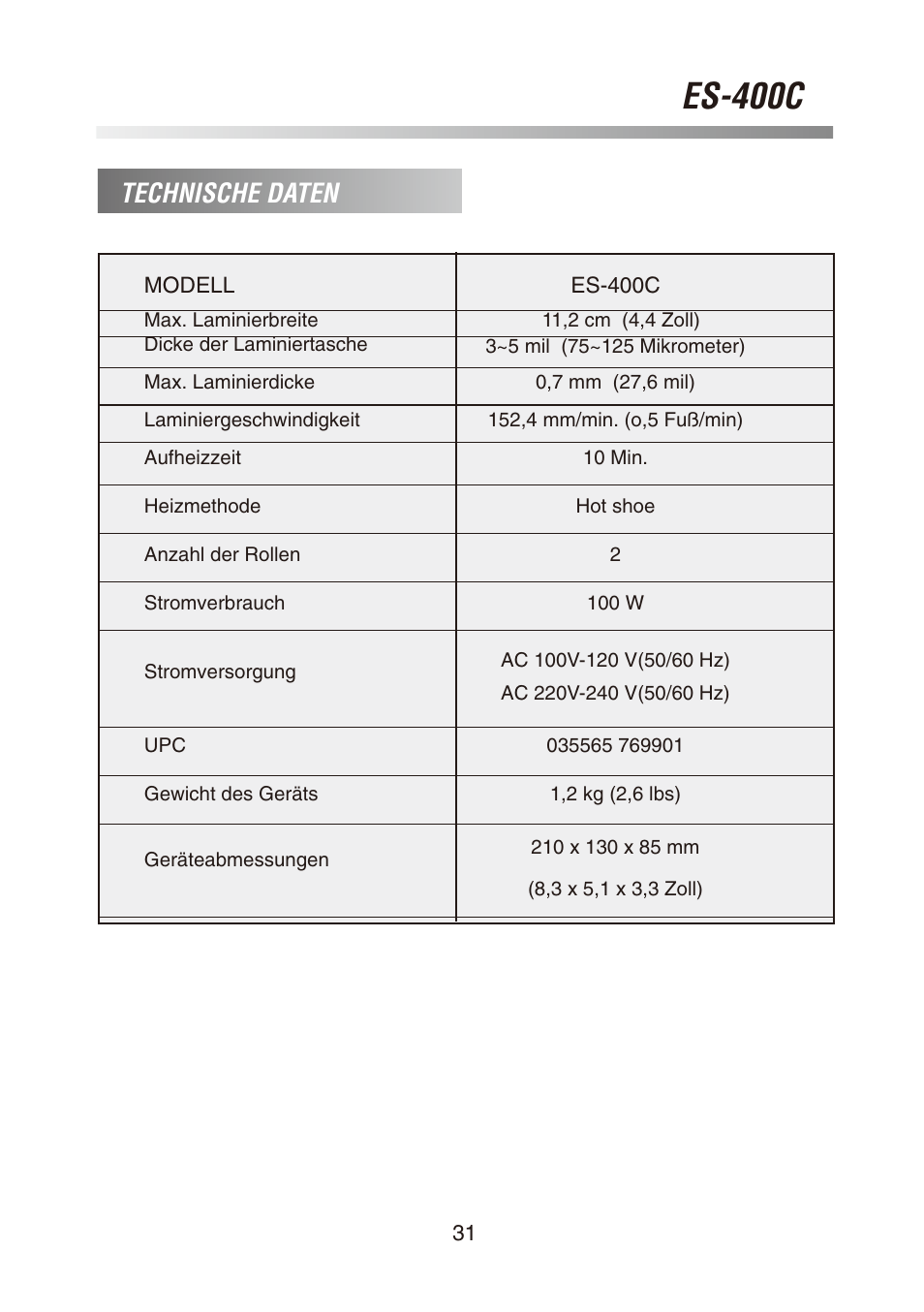 Es-400c, Technische daten | Royal Sovereign ES-400C User Manual | Page 31 / 32