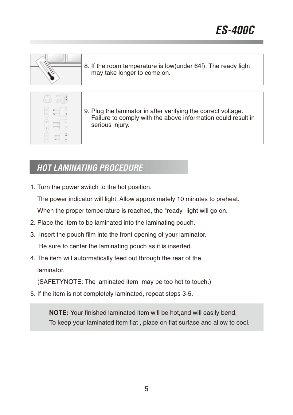 Es-400c, Hot laminating procedure | Royal Sovereign ES-400C User Manual | Page 5 / 32