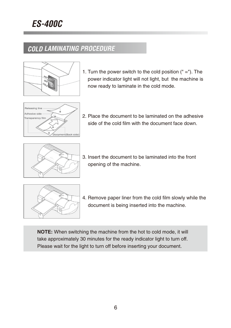 Es-400c, Cold laminating procedure | Royal Sovereign ES-400C User Manual | Page 6 / 32