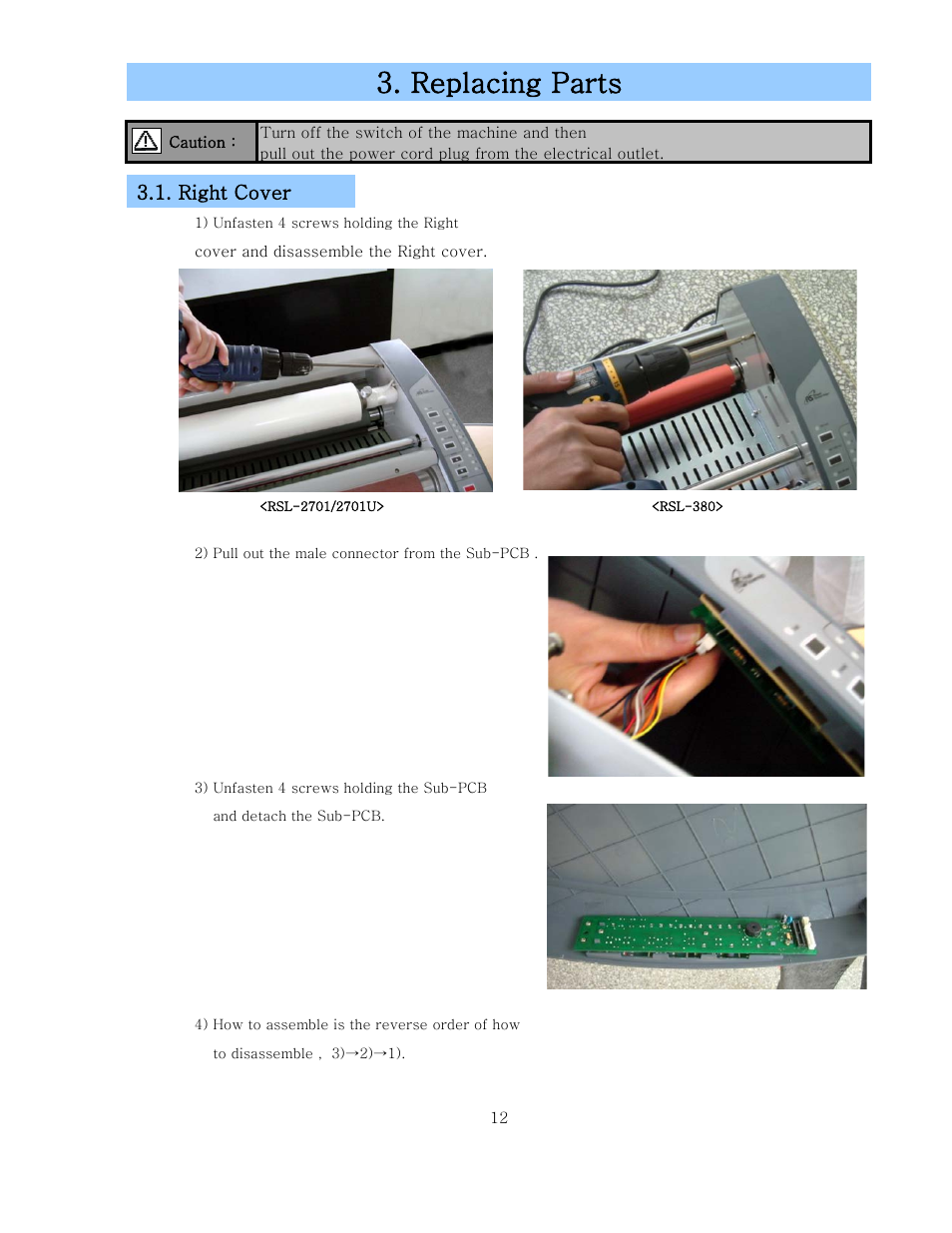 Replacing parts, Right cover | Royal Sovereign RSL-2701 User Manual | Page 14 / 42