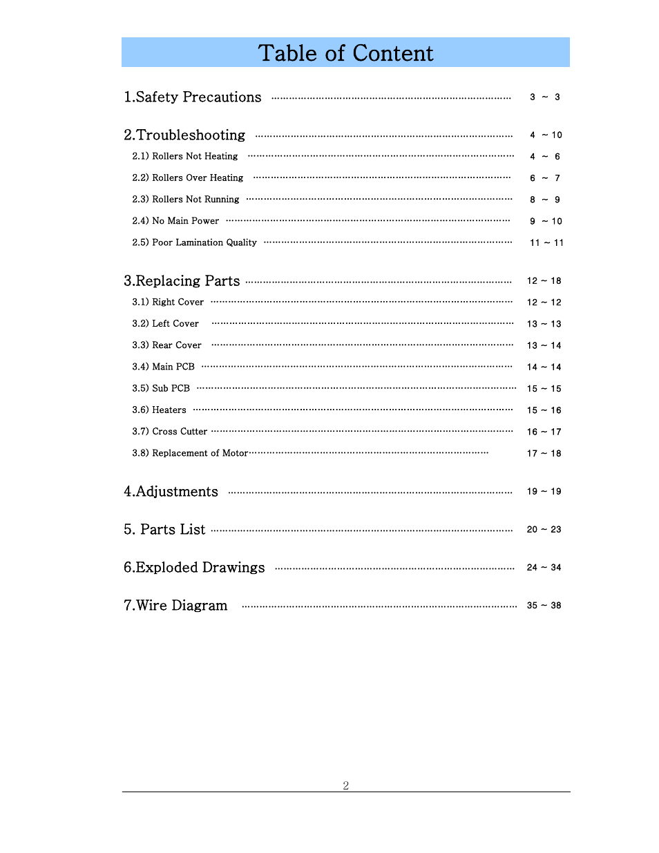 Table of content, Adjustments, Parts list | Exploded drawings, Wire diagram, Replacing parts, Safety precautions, Troubleshooting | Royal Sovereign RSL-2701 User Manual | Page 2 / 42