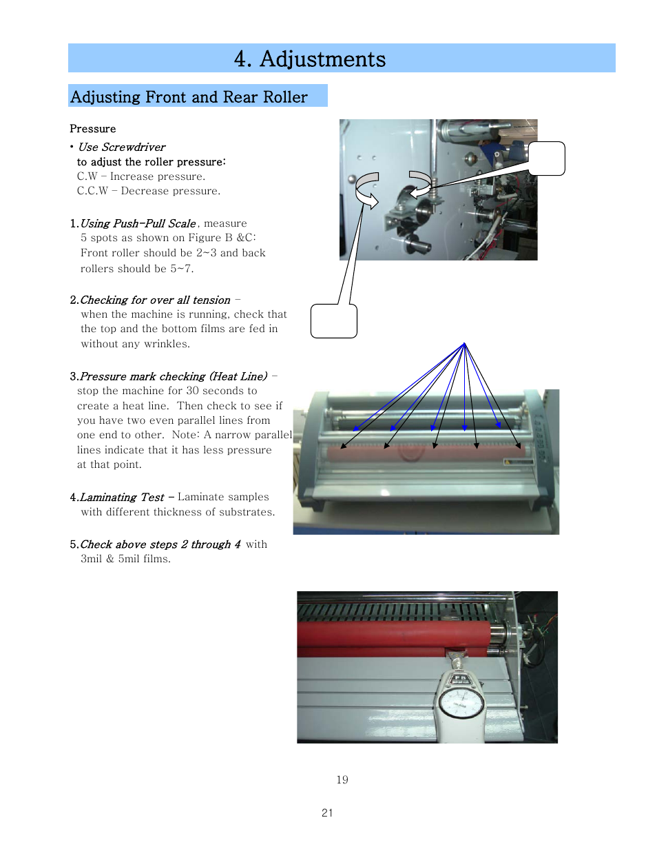 Rsl-2701 2701u, Adjustments, Adjusting front and rear roller | Royal Sovereign RSL-2701 User Manual | Page 21 / 42