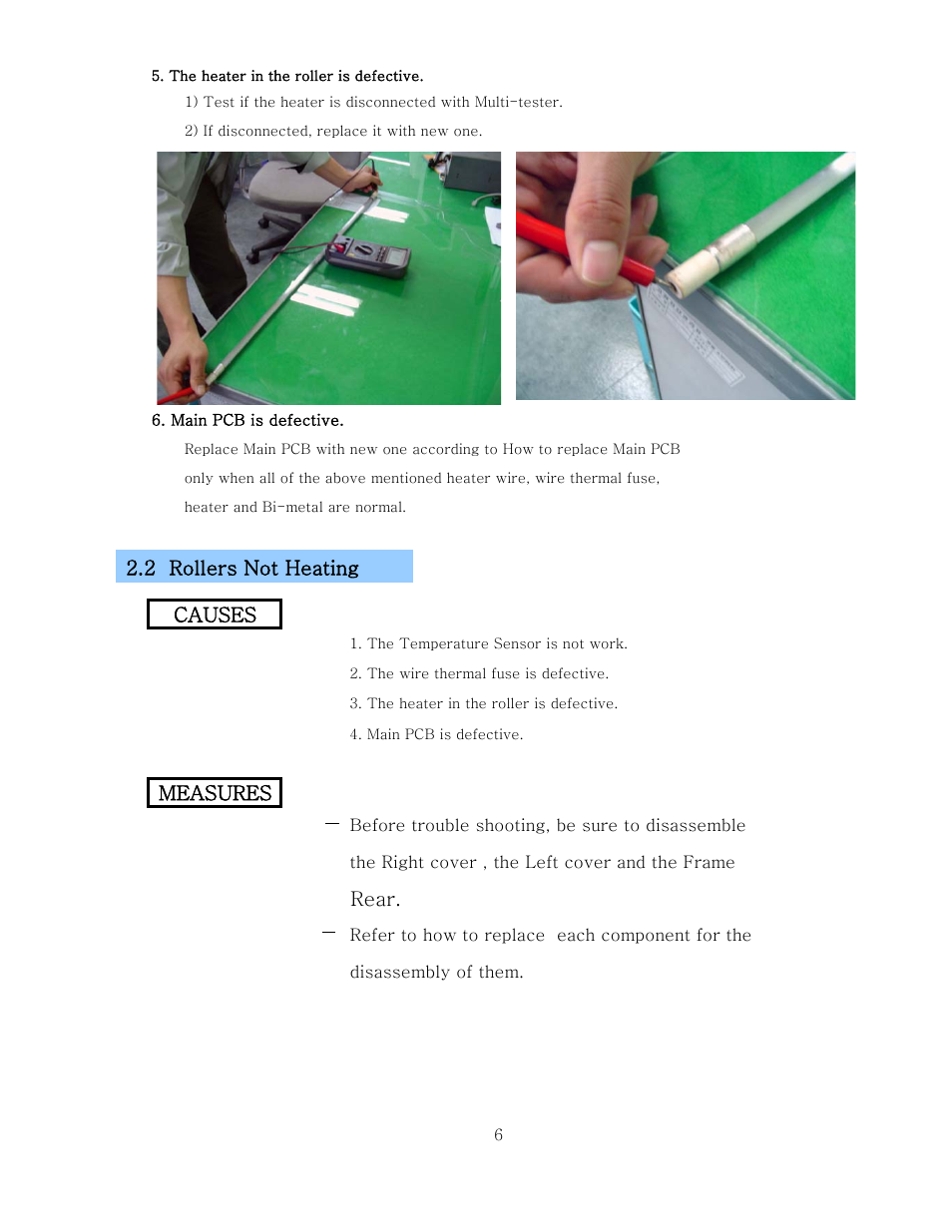 2 rollers not heating, Rear, Measures causes | Royal Sovereign RSL-2701 User Manual | Page 7 / 42