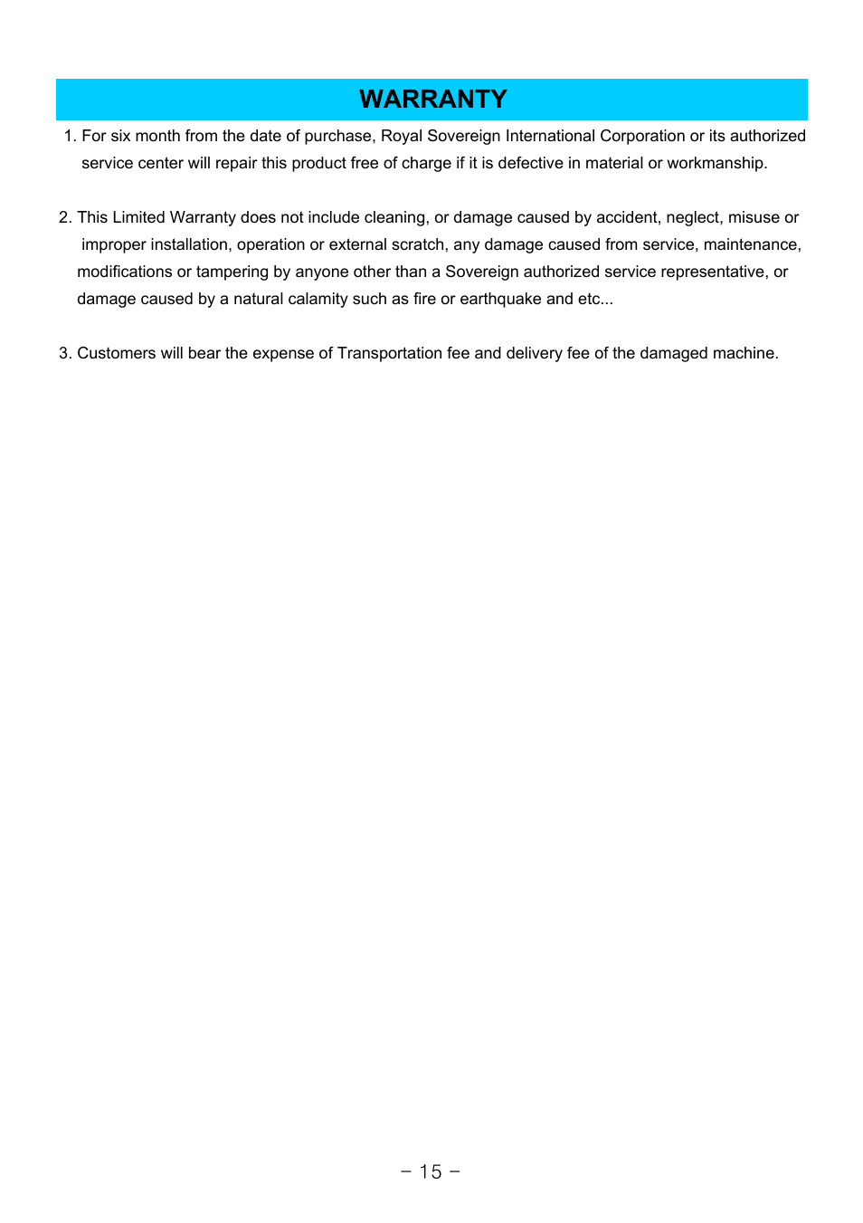 Warranty | Royal Sovereign RSC-1650C User Manual | Page 15 / 15