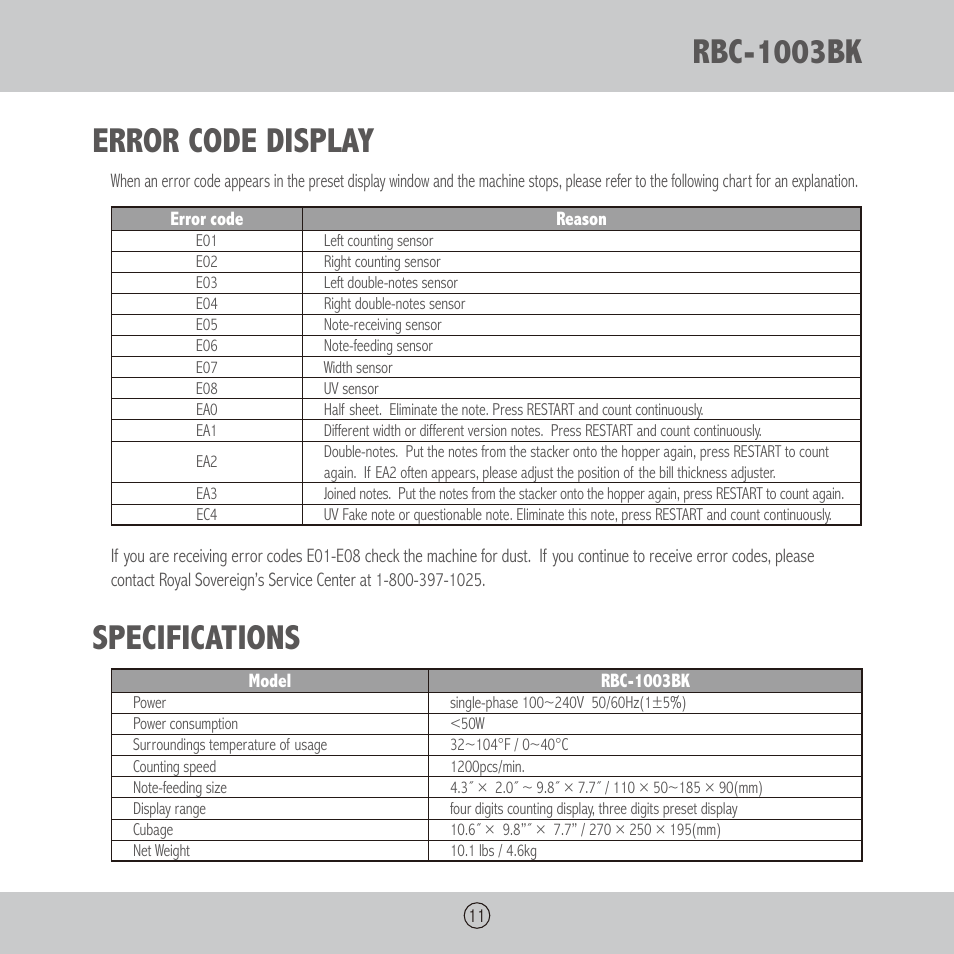 Rbc-1003bk, Error code display, Specifications | Royal Sovereign RBC-1003BK User Manual | Page 11 / 36