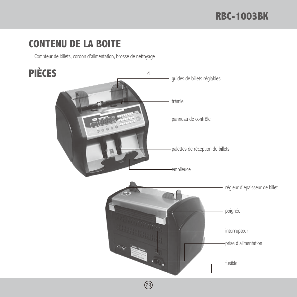 Rbc-1003bk contenu de la boite, Pièces | Royal Sovereign RBC-1003BK User Manual | Page 29 / 36