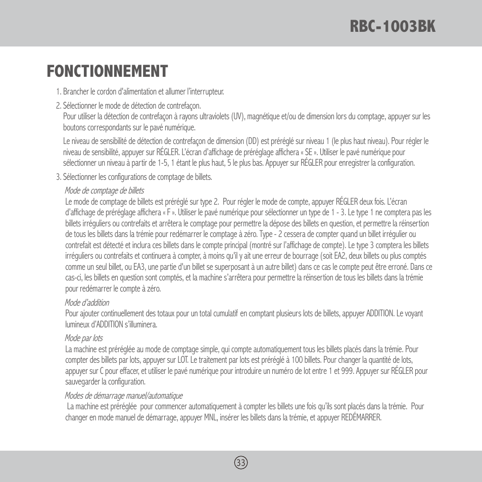 Rbc-1003bk fonctionnement | Royal Sovereign RBC-1003BK User Manual | Page 33 / 36