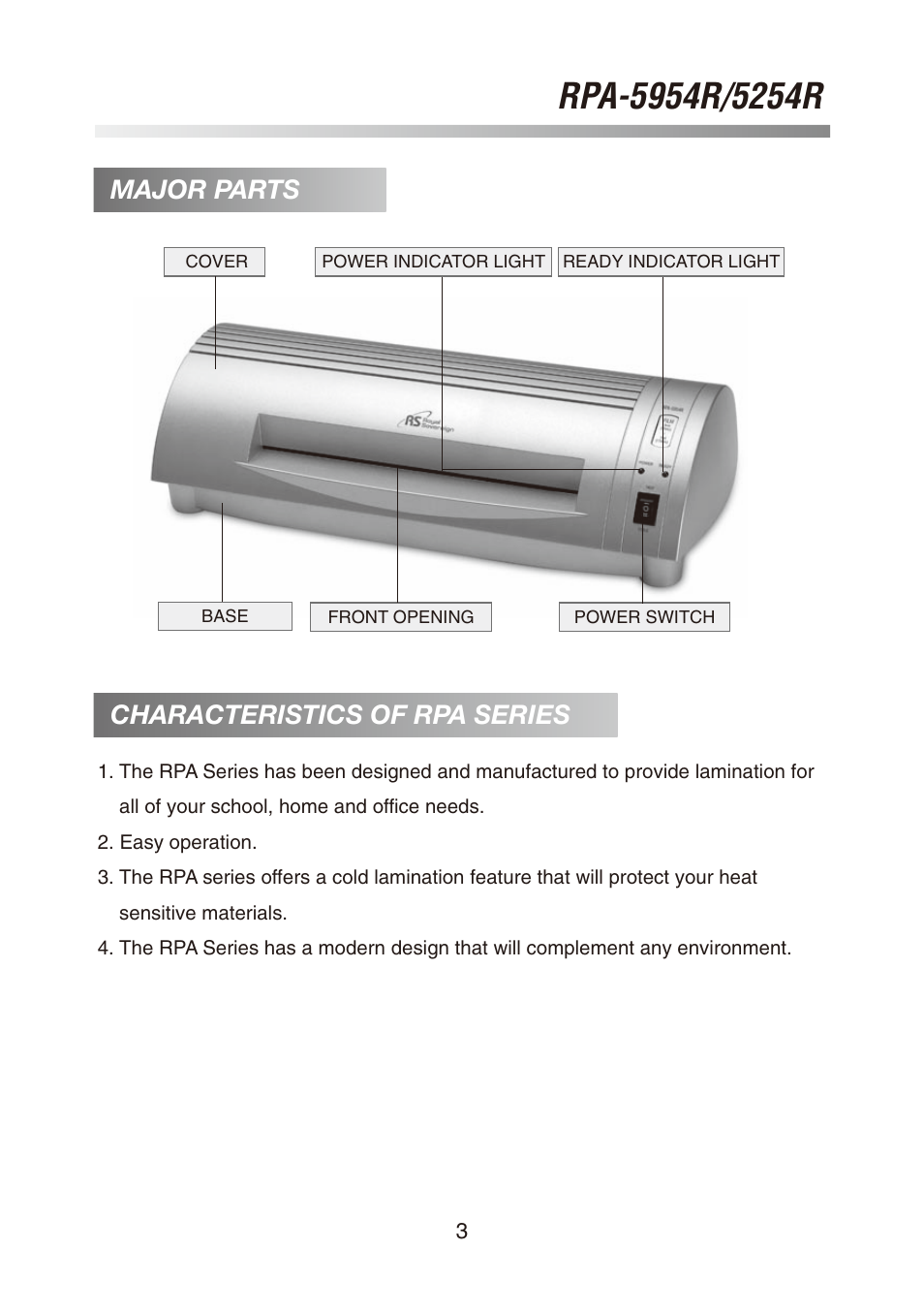 Major parts characteristics of rpa series | Royal Sovereign RPA-5254R User Manual | Page 3 / 8