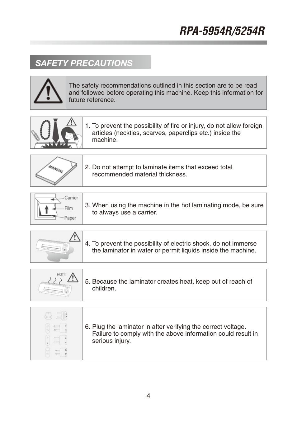 Safety precautions | Royal Sovereign RPA-5254R User Manual | Page 4 / 8