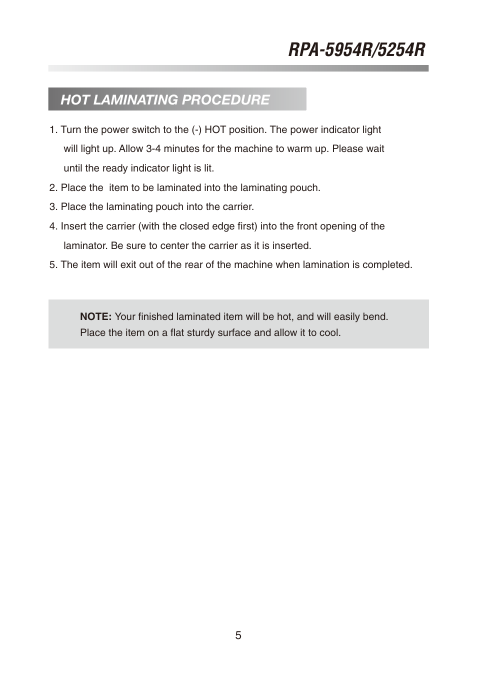 Hot laminating procedure | Royal Sovereign RPA-5254R User Manual | Page 5 / 8