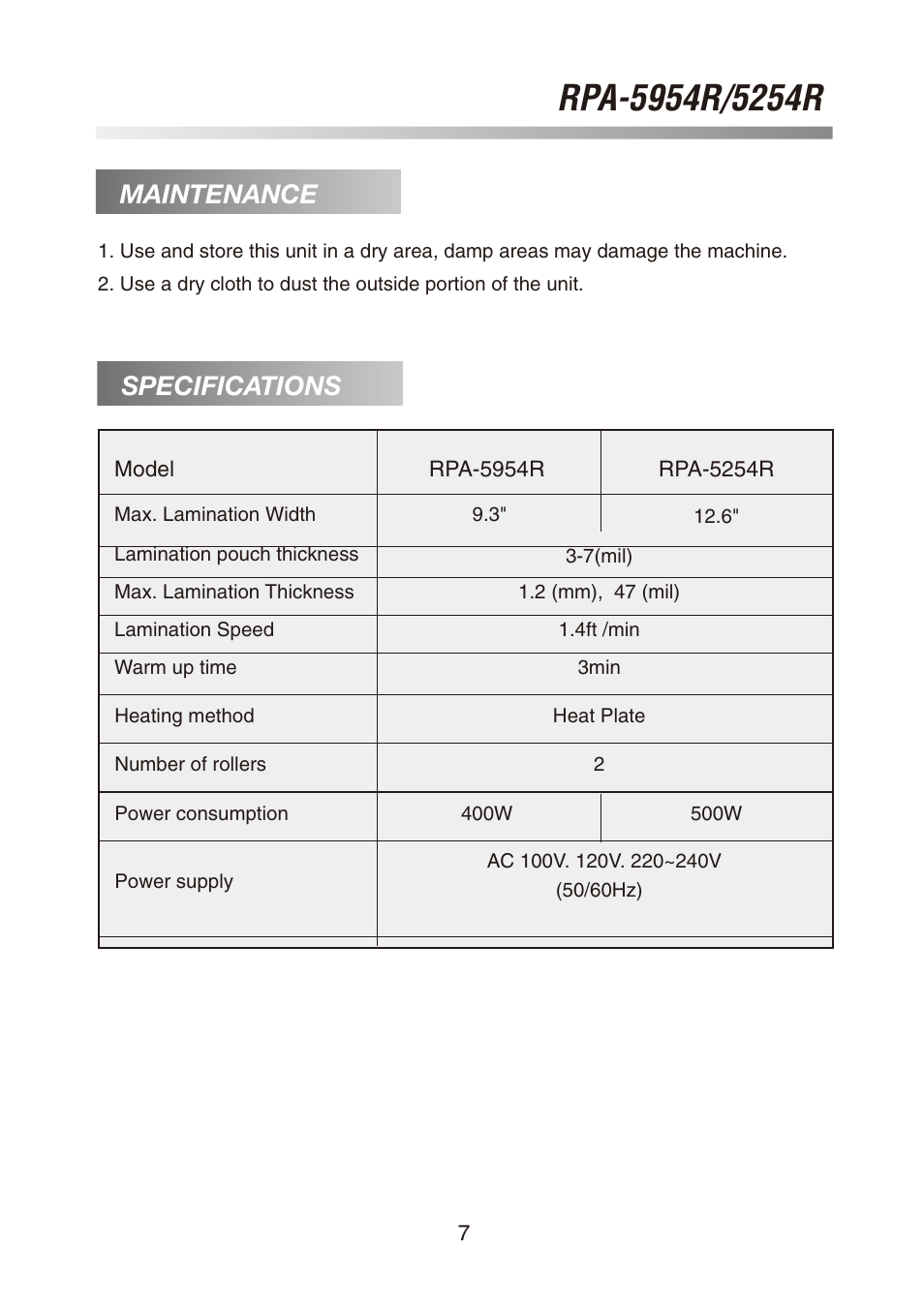 Maintenance specifications | Royal Sovereign RPA-5254R User Manual | Page 7 / 8