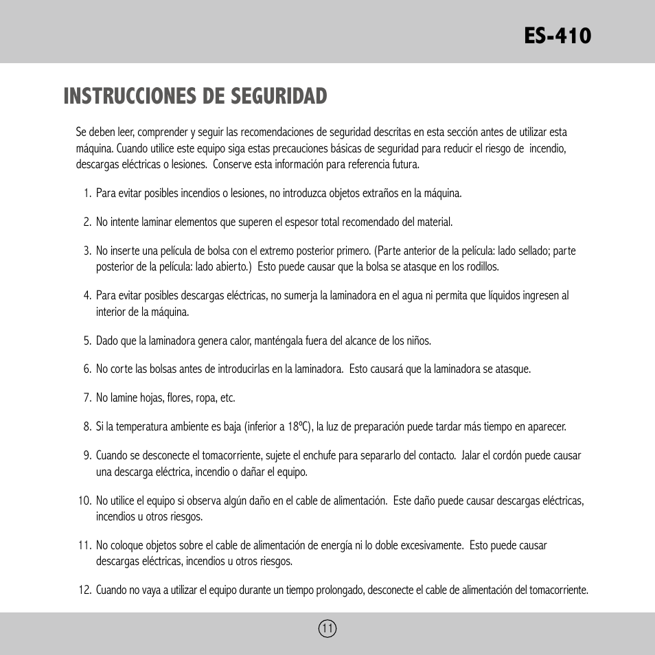 Es-410, Instrucciones de seguridad | Royal Sovereign ES-410 User Manual | Page 11 / 24
