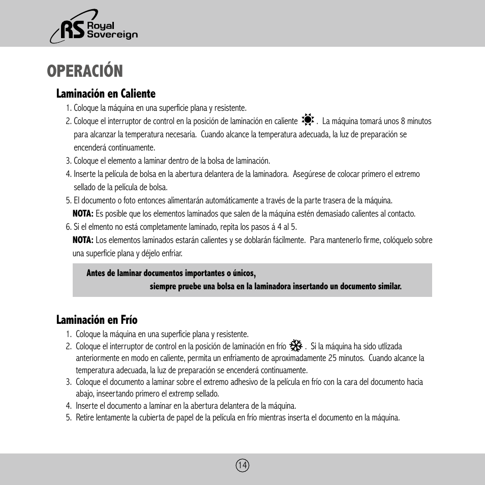 Operación, Laminación en caliente, Laminación en frío | Royal Sovereign ES-410 User Manual | Page 14 / 24