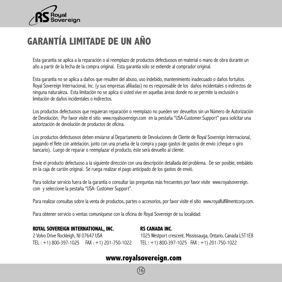 Garantía limitade de un año | Royal Sovereign ES-410 User Manual | Page 16 / 24