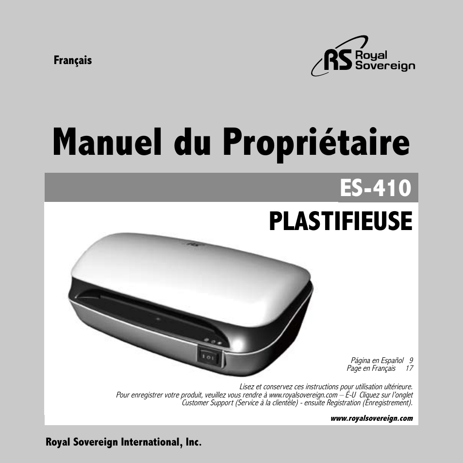 Manuel du propriétaire, Plastifieuse, Es-410 | Royal Sovereign ES-410 User Manual | Page 17 / 24