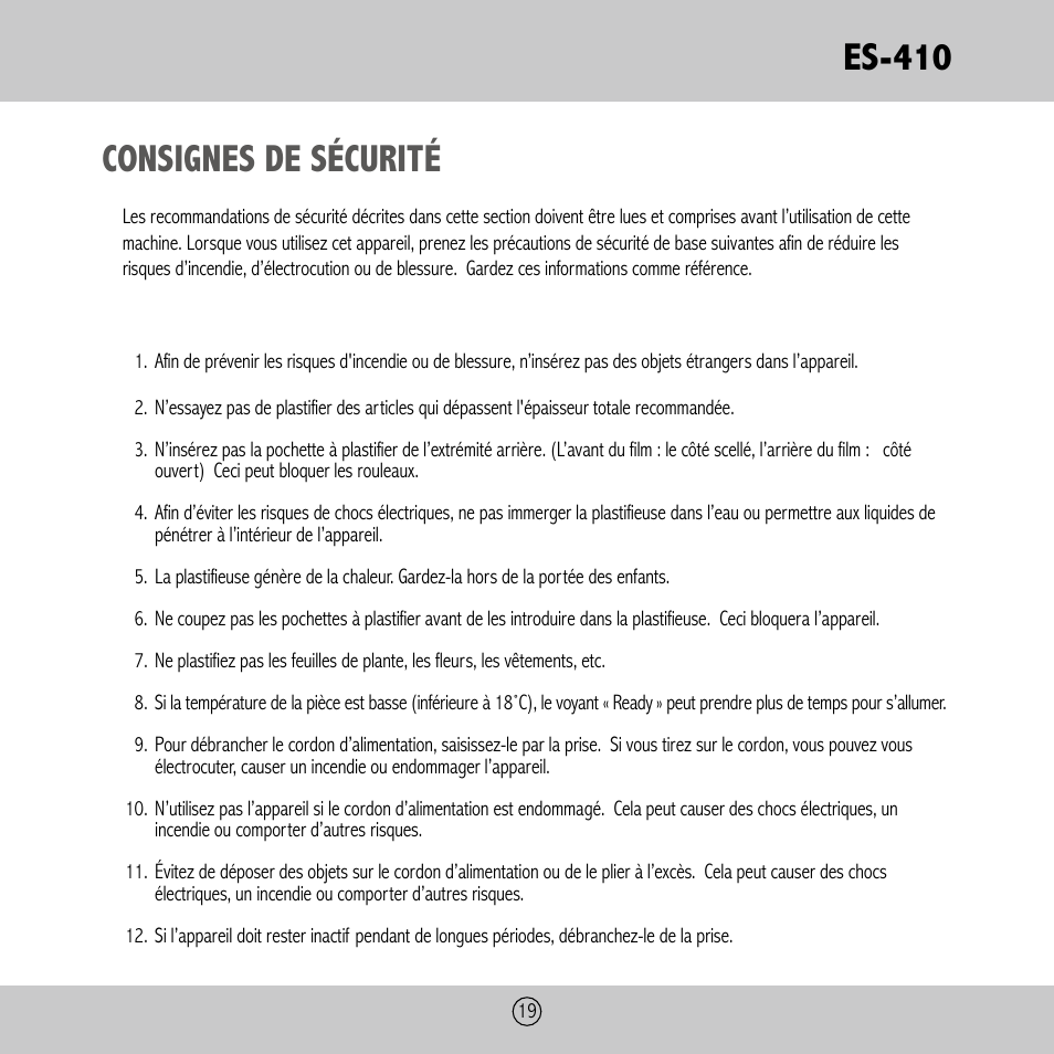 Es-410, Consignes de sécurité | Royal Sovereign ES-410 User Manual | Page 19 / 24