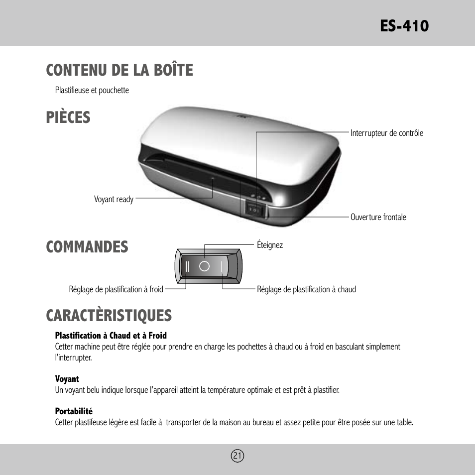 Es-410, Contenu de la boîte, Pièces commandes | Caractèristiques | Royal Sovereign ES-410 User Manual | Page 21 / 24