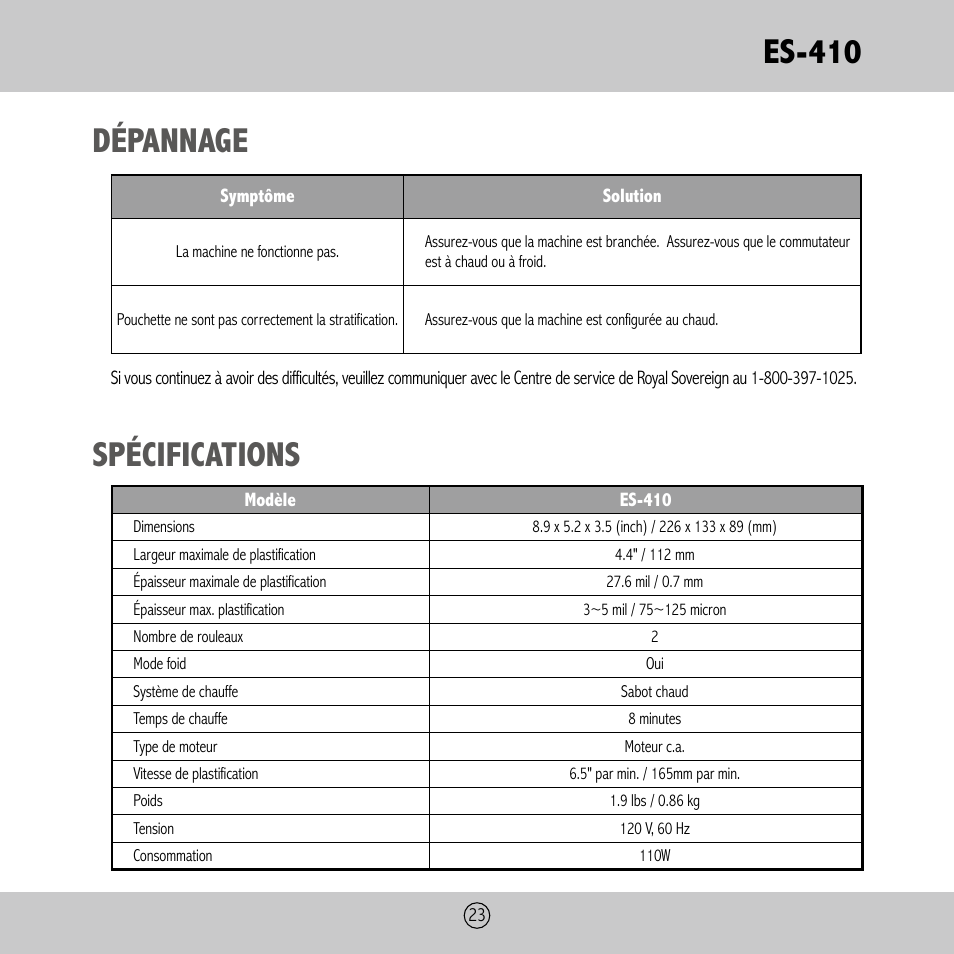 Es-410, Dépannage, Spécifications | Royal Sovereign ES-410 User Manual | Page 23 / 24