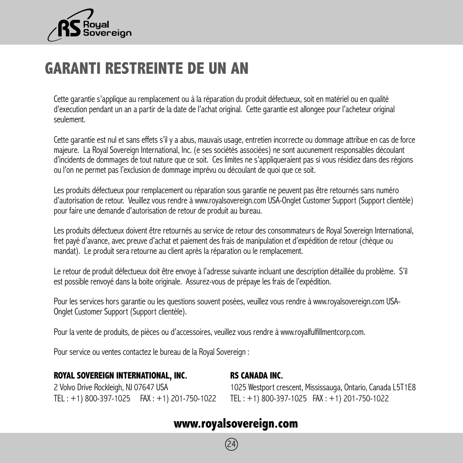 Garanti restreinte de un an | Royal Sovereign ES-410 User Manual | Page 24 / 24