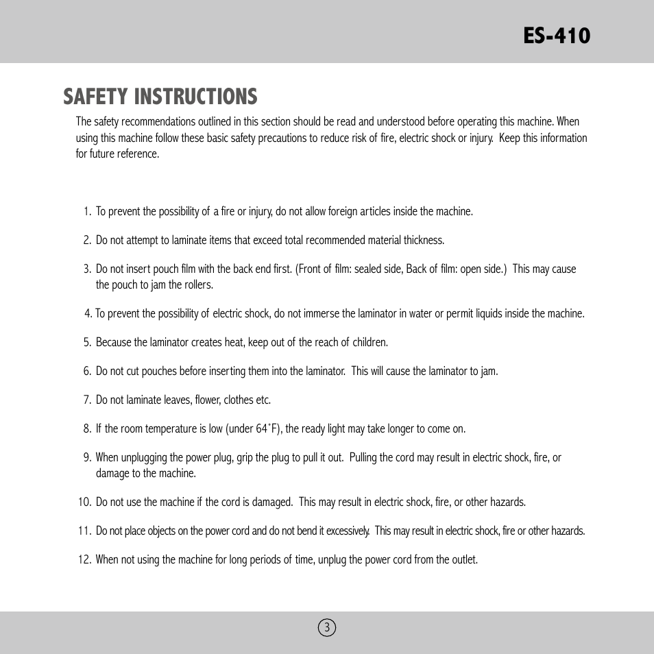 Es-410, Safety instructions | Royal Sovereign ES-410 User Manual | Page 3 / 24