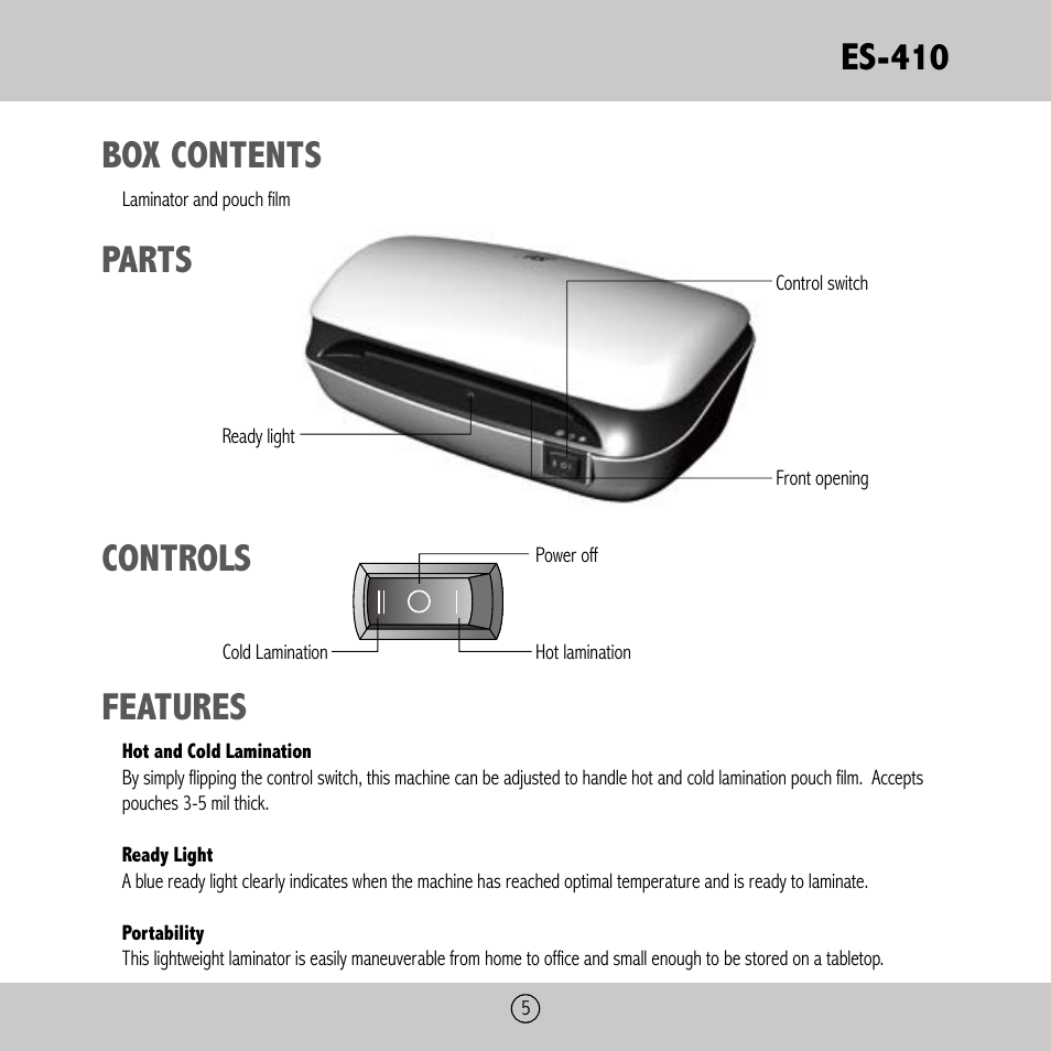 Es-410, Box contents, Parts controls | Features | Royal Sovereign ES-410 User Manual | Page 5 / 24