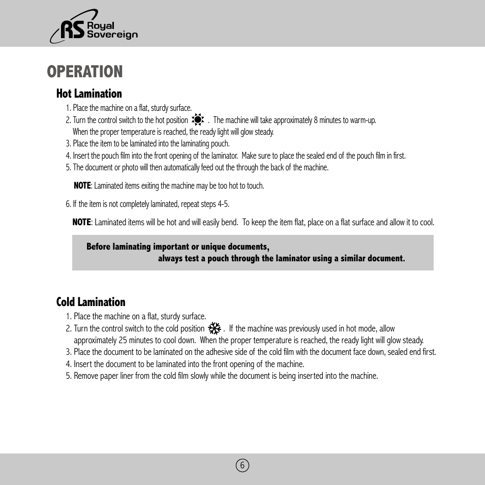 Operation, Hot lamination, Cold lamination | Royal Sovereign ES-410 User Manual | Page 6 / 24