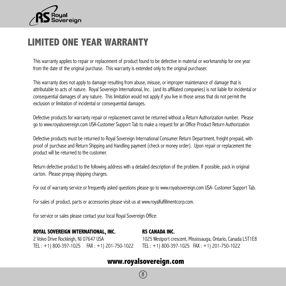 Limited one year warranty | Royal Sovereign ES-410 User Manual | Page 8 / 24