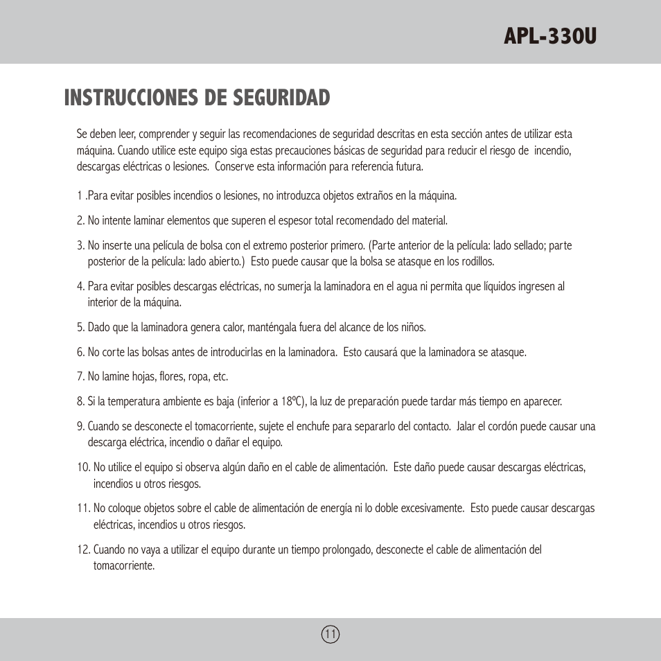 Apl-330u, Instrucciones de seguridad | Royal Sovereign APL-330U User Manual | Page 11 / 24
