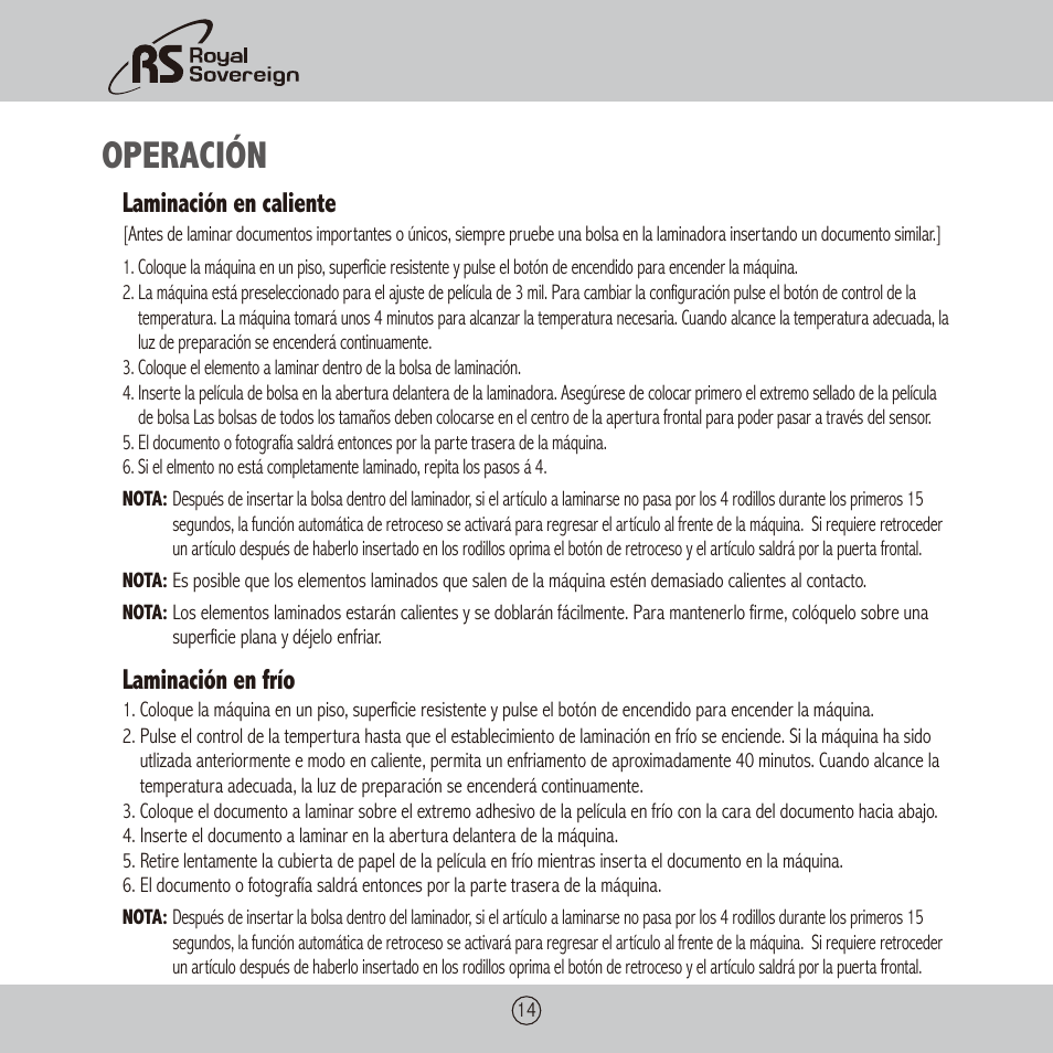 Operación, Laminación en caliente, Laminación en frío | Royal Sovereign APL-330U User Manual | Page 14 / 24