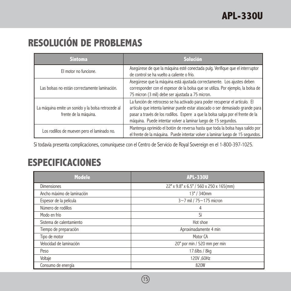 Apl-330u, Resolución de problemas, Especificaciones | Royal Sovereign APL-330U User Manual | Page 15 / 24