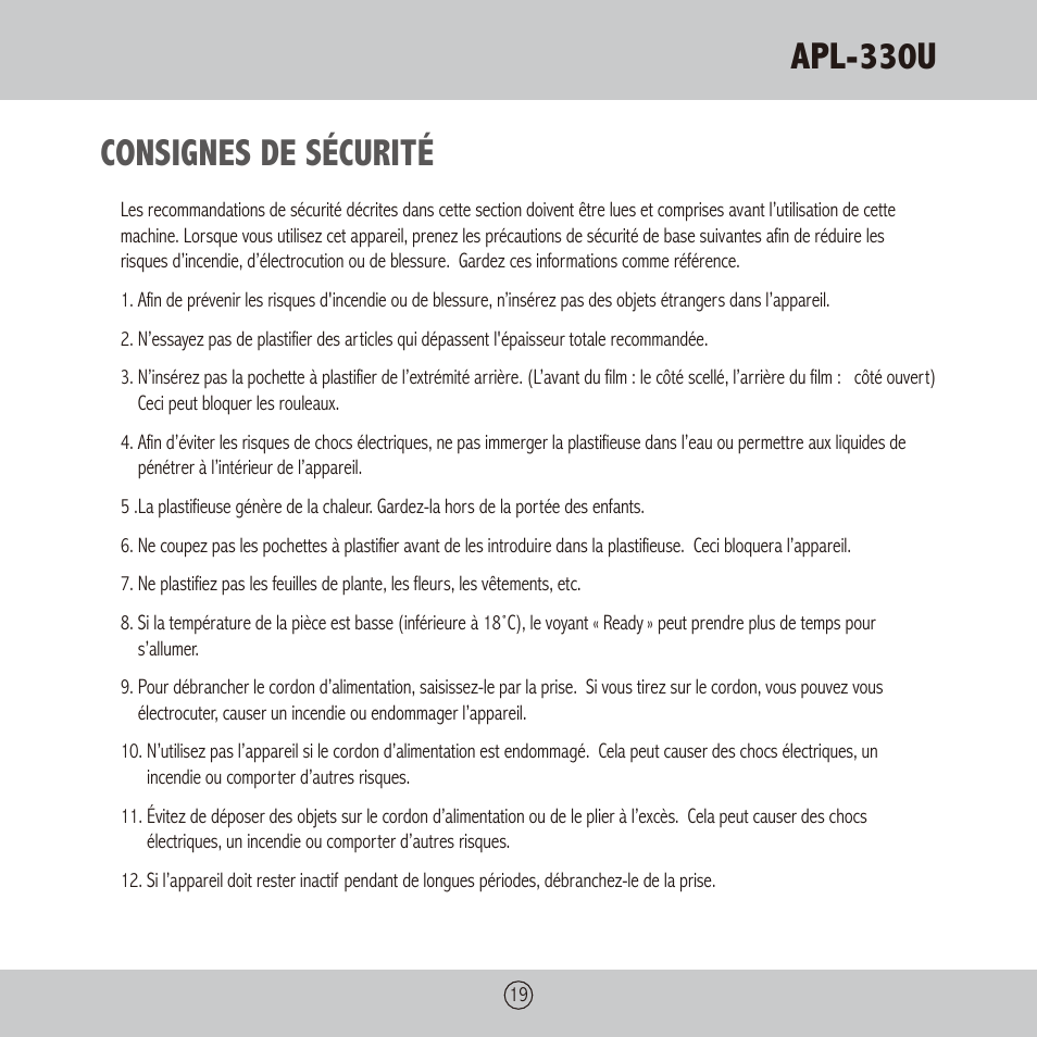 Apl-330u, Consignes de sécurité | Royal Sovereign APL-330U User Manual | Page 19 / 24