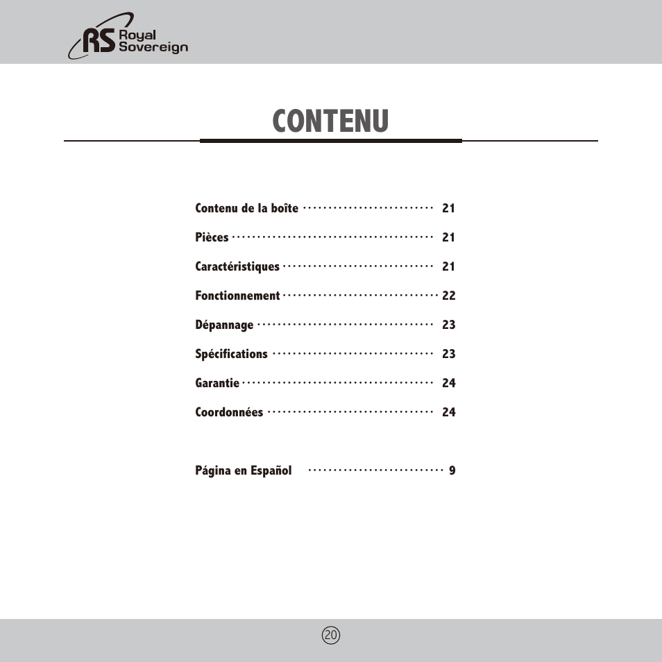 Contenu | Royal Sovereign APL-330U User Manual | Page 20 / 24