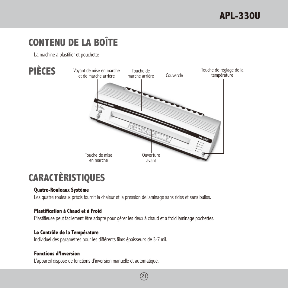 Apl-330u, Contenu de la boîte, Pièces caractèristiques | Royal Sovereign APL-330U User Manual | Page 21 / 24