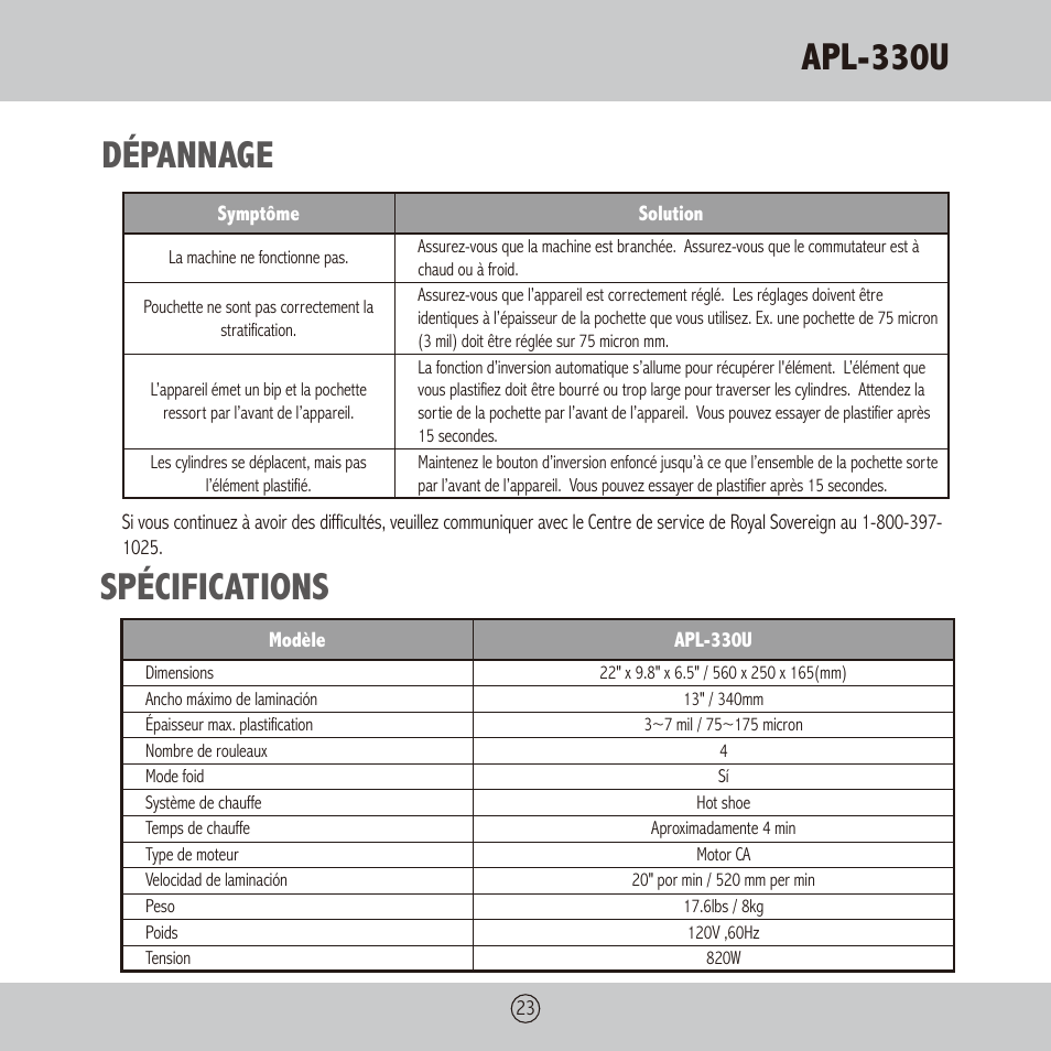 Apl-330u, Dépannage, Spécifications | Royal Sovereign APL-330U User Manual | Page 23 / 24