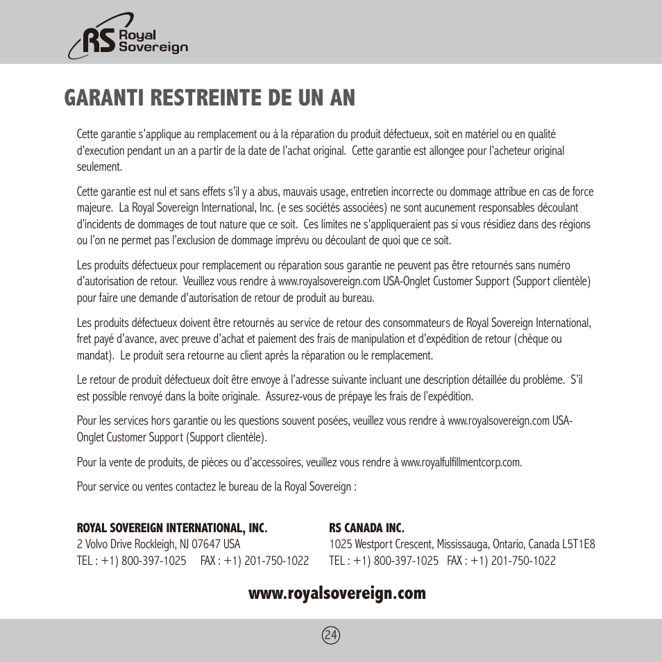 Garanti restreinte de un an | Royal Sovereign APL-330U User Manual | Page 24 / 24