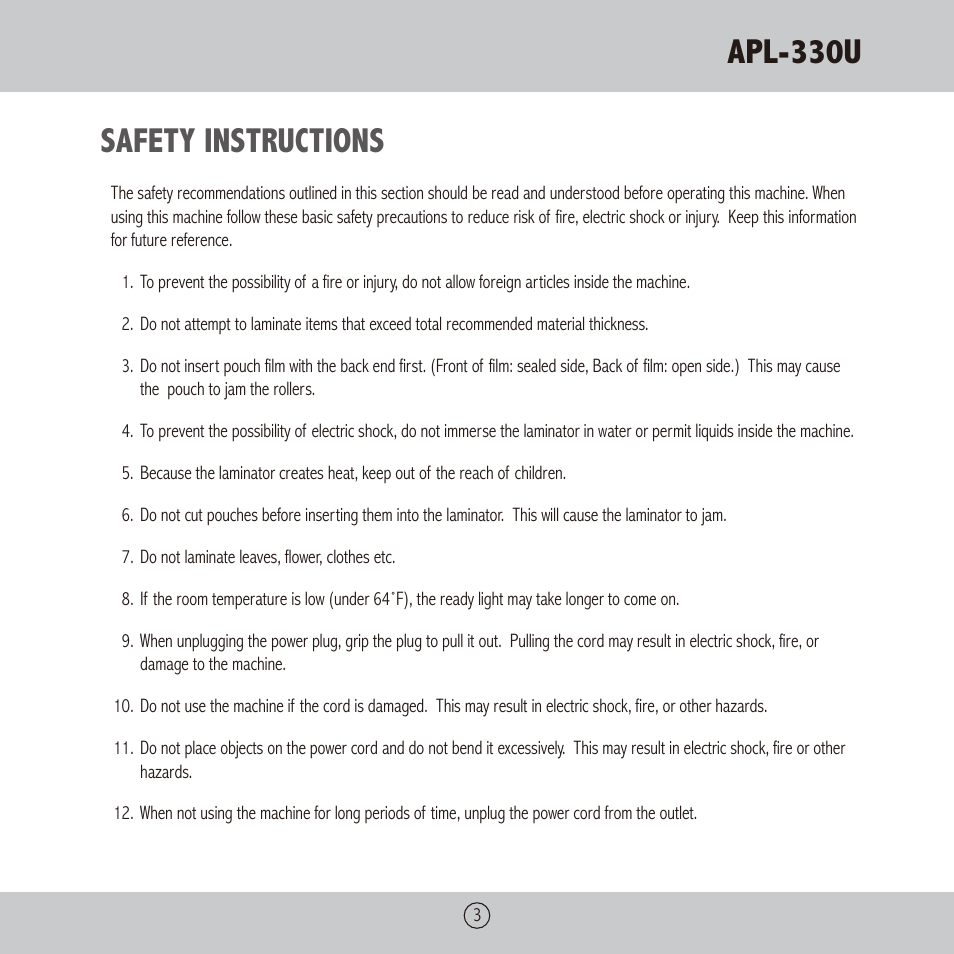 Apl-330u, Safety instructions | Royal Sovereign APL-330U User Manual | Page 3 / 24
