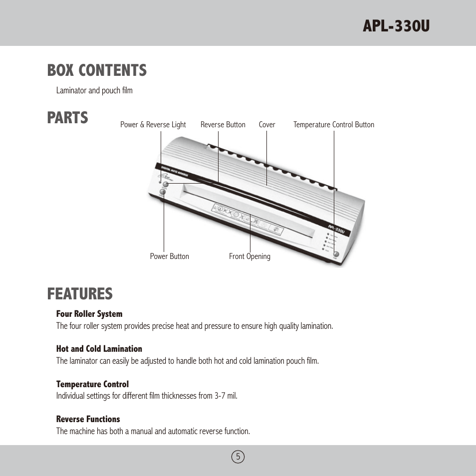 Apl-330u, Box contents, Parts features | Royal Sovereign APL-330U User Manual | Page 5 / 24