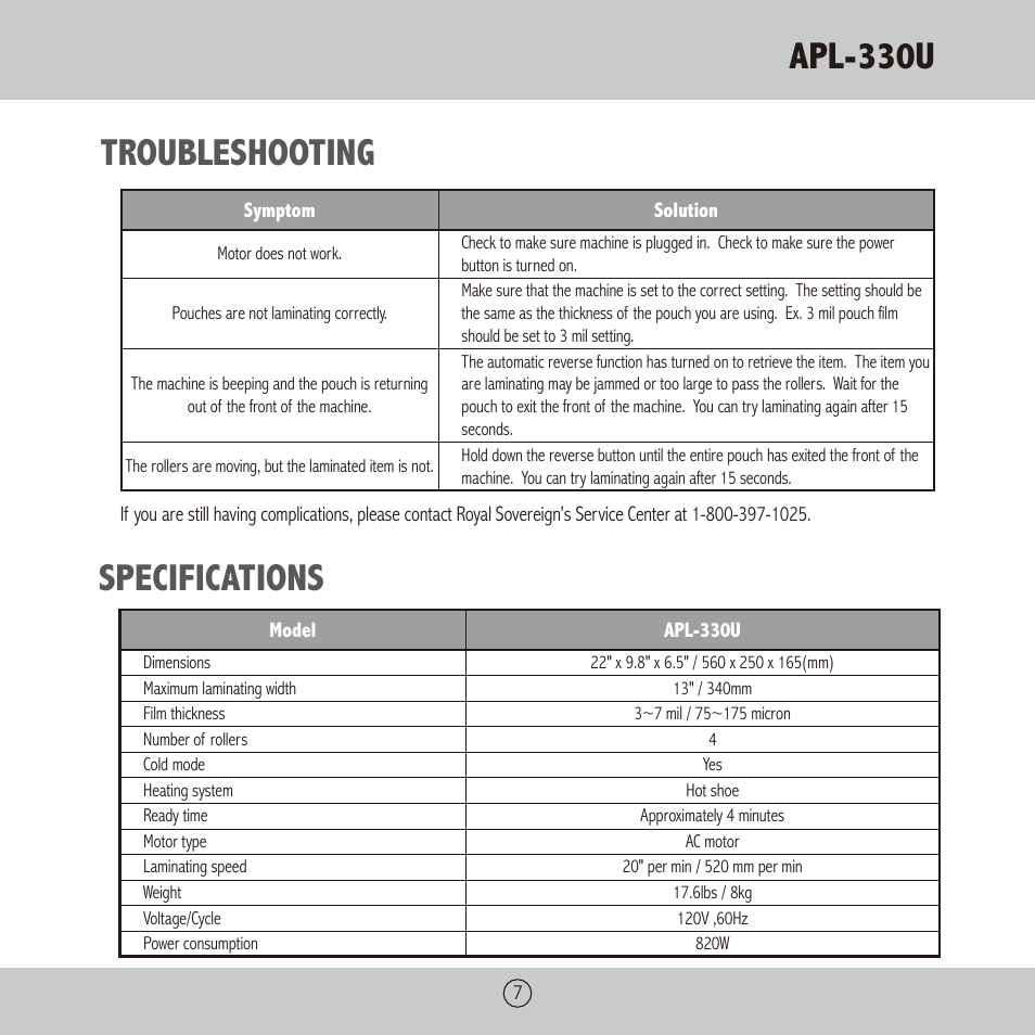 Apl-330u, Troubleshooting, Specifications | Royal Sovereign APL-330U User Manual | Page 7 / 24