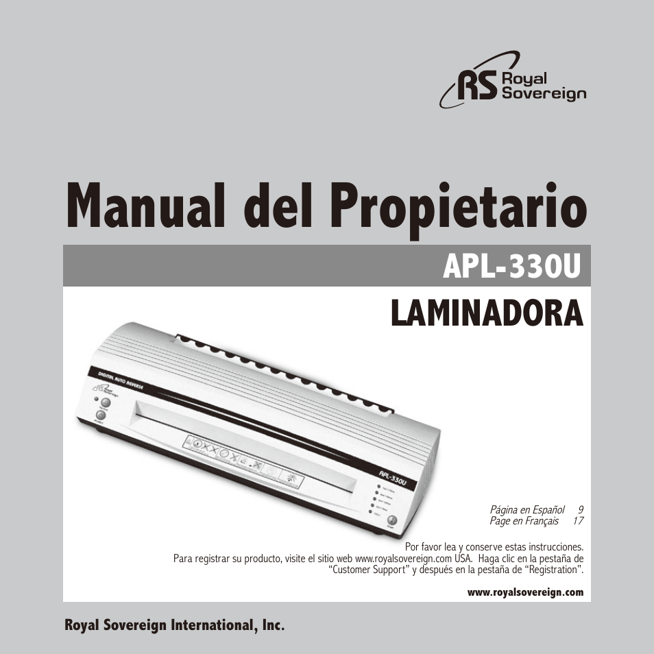 Manual del propietario, Laminadora, Apl-330u | Royal Sovereign APL-330U User Manual | Page 9 / 24