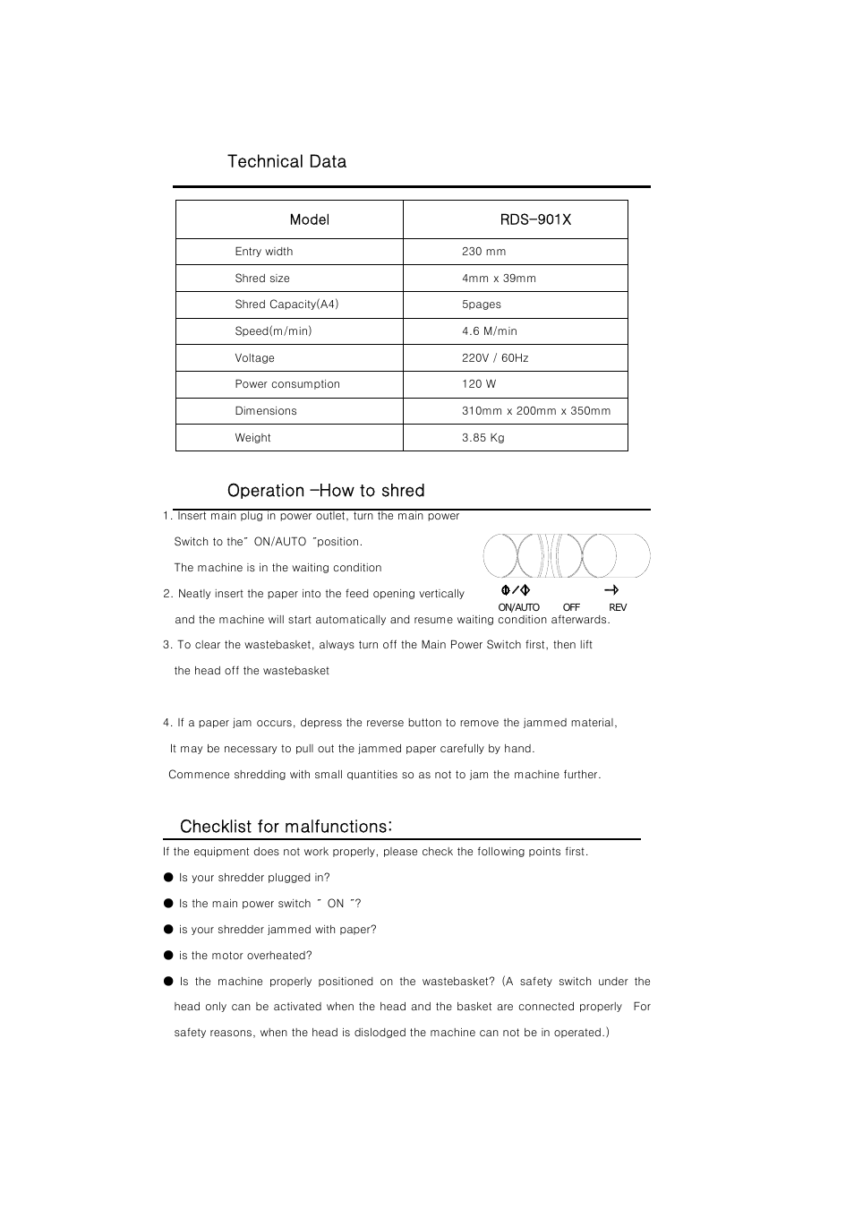 Technical data, Operation –how to shred, Checklist for malfunctions | Royal Sovereign RDS-901X User Manual | Page 4 / 5