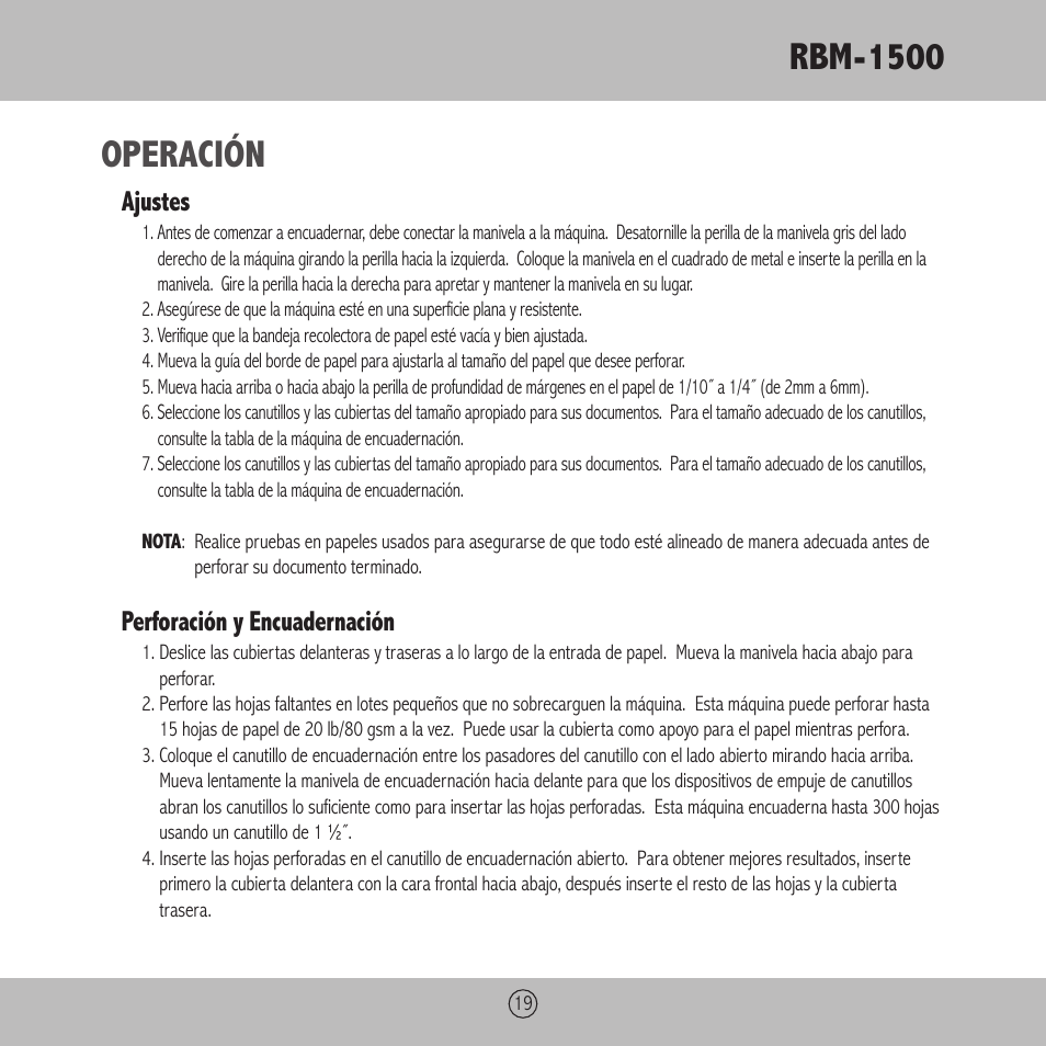 Rbm-1500, Operación, Ajustes | Perforación y encuadernación | Royal Sovereign RBM-1500 User Manual | Page 19 / 36