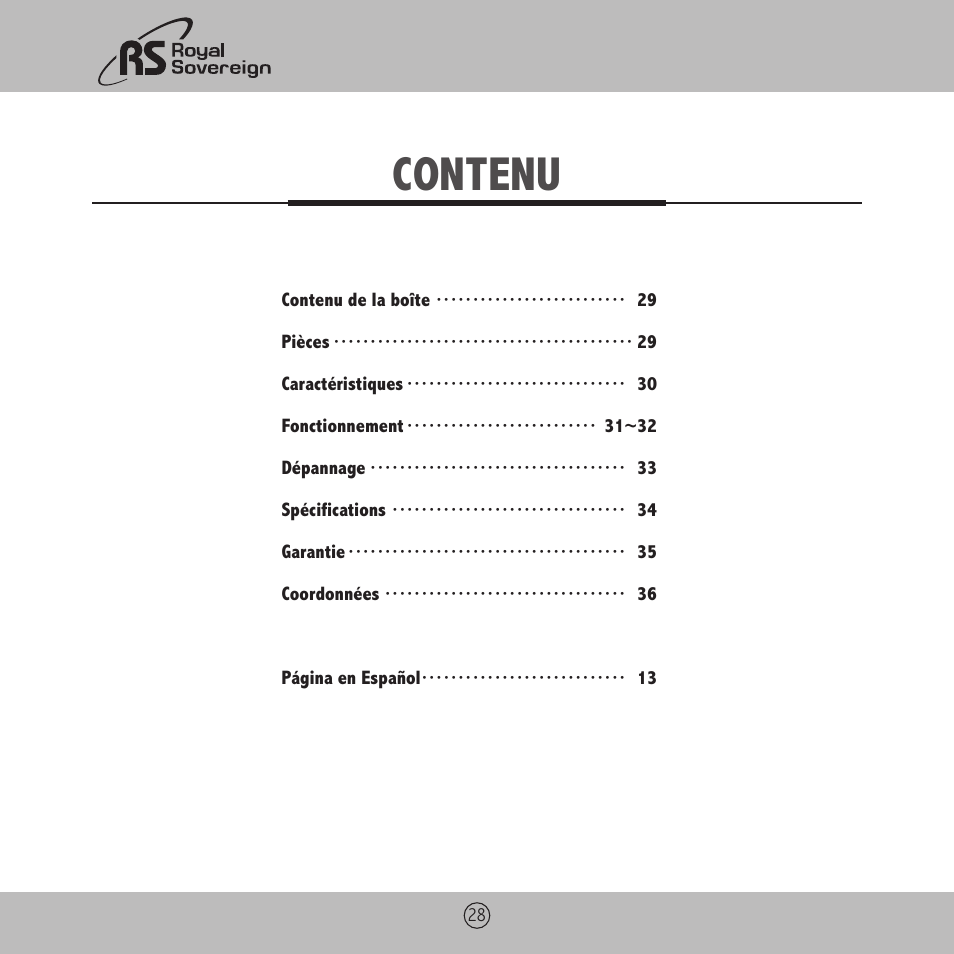 Contenu | Royal Sovereign RBM-1500 User Manual | Page 28 / 36