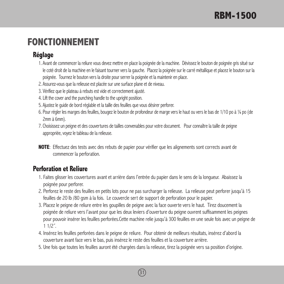 Rbm-1500, Fonctionnement, Réglage | Perforation et reliure | Royal Sovereign RBM-1500 User Manual | Page 31 / 36