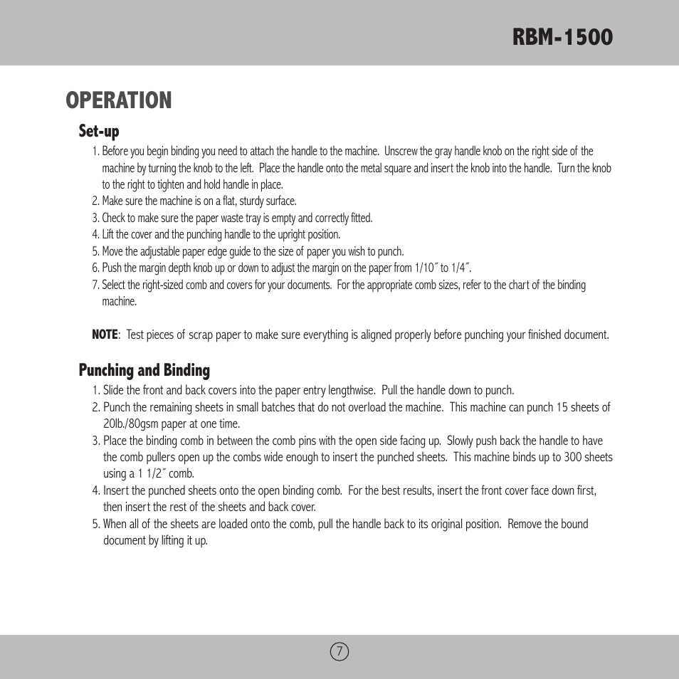 Rbm-1500, Operation, Set-up | Punching and binding | Royal Sovereign RBM-1500 User Manual | Page 7 / 36