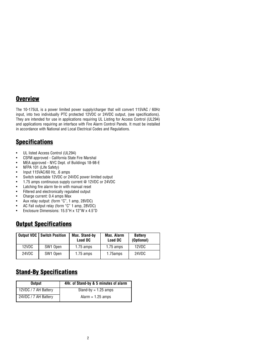 Overview, Specifications, Output specifications | Stand-by specifications | RCI 10-175UL User Manual | Page 2 / 8