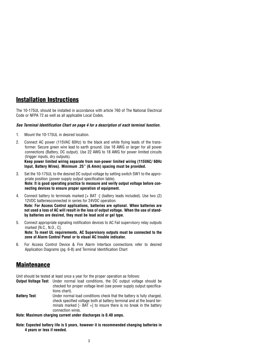 Installation instructions, Maintenance | RCI 10-175UL User Manual | Page 3 / 8