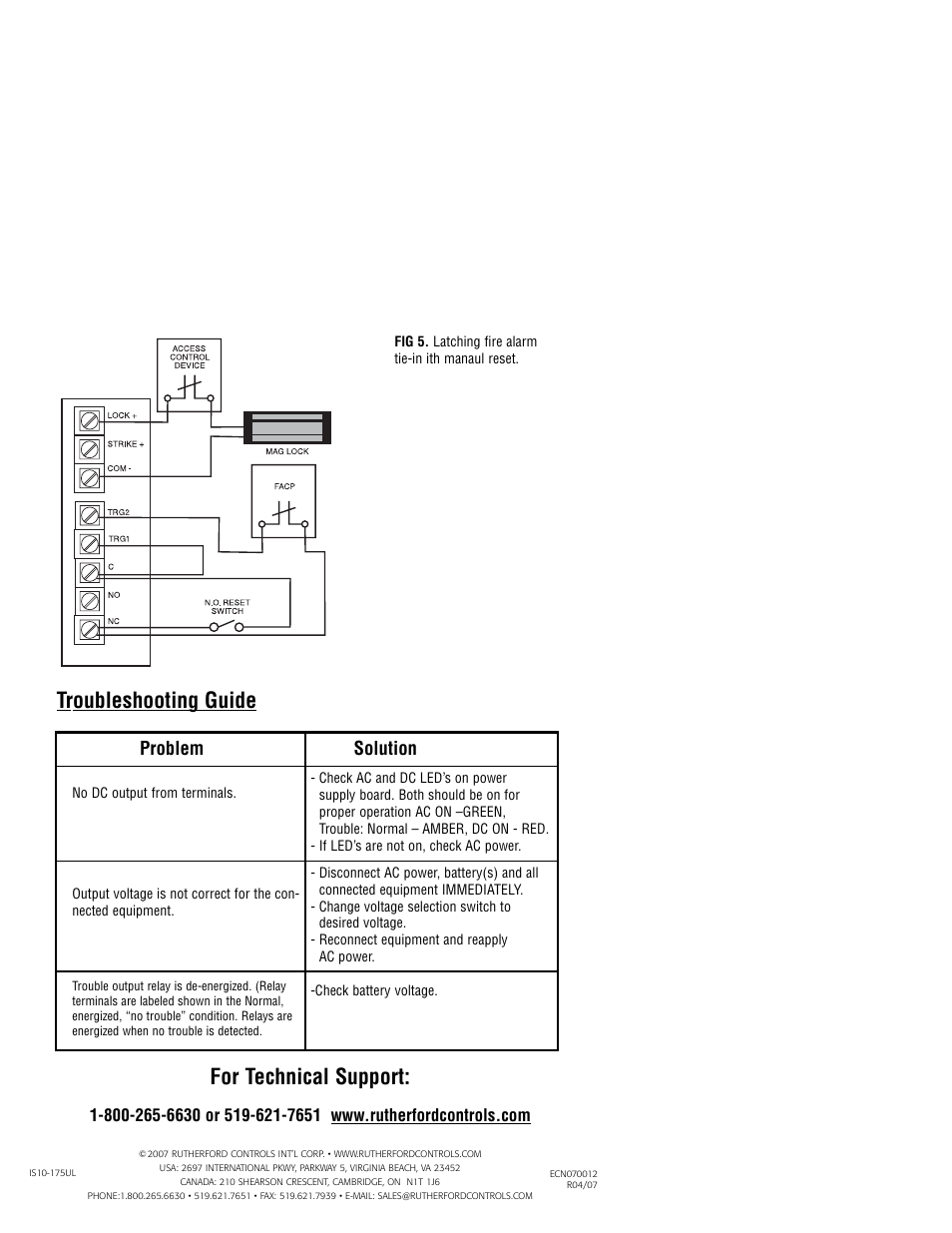 Troubleshooting guide, For technical support, Problem solution | RCI 10-175UL User Manual | Page 8 / 8